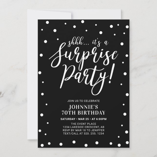 Invitation Noir & Blanc | Surprise Adulte fête d'anniversaire (Devant)