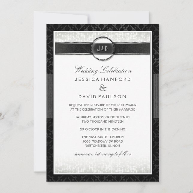 Invitation Noir blanc & Touche d'or Mariage Art déco (Devant)