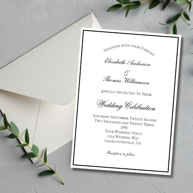 Invitation Noir Blanc traditionnel Mariage formel classique (Black White Classic Formal Elegant Wedding invitation with Black border. Digital or Printed.)