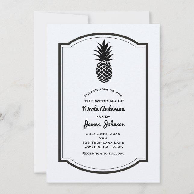 Invitation Noir & Blanc Tropical Pineapple Élégant Chic (Devant)