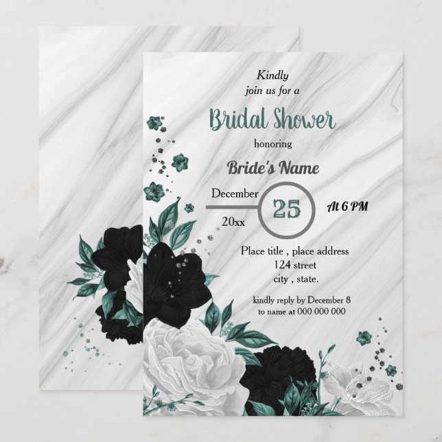Invitation Noir blanc & turquoise bleu fleuri douche nuptiale (Devant / Derrière)