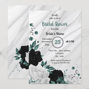 Invitation Noir blanc & turquoise bleu fleuri douche nuptiale