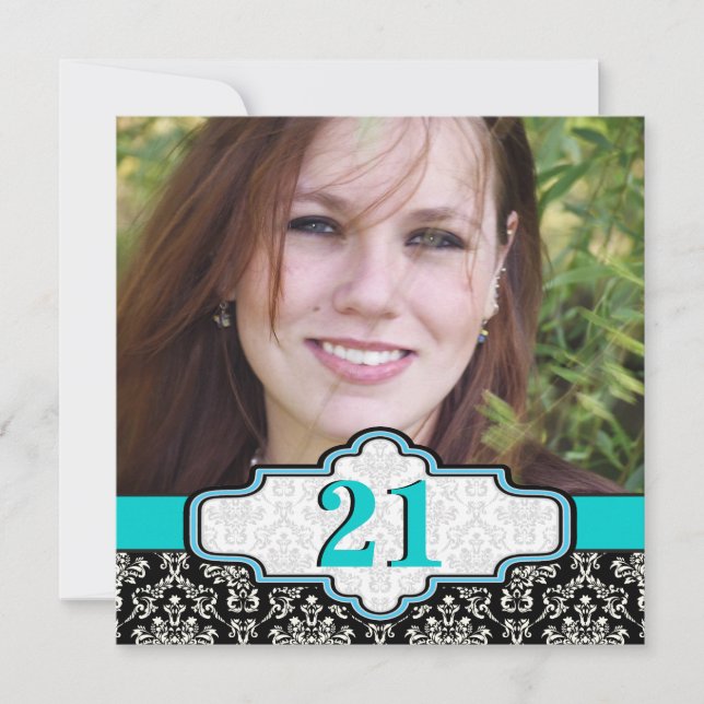 Invitation Noir blanc turquoise damask 21e anniversaire photo (Devant)