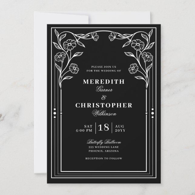 Invitation Noir Blanc Vintage Mariage (Devant)