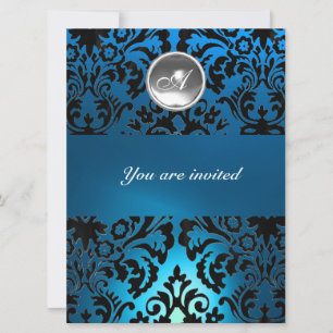 Invitation NOIR & BLEU DAMASK GEM PIERRE MONOGRAMME blanc