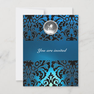 Invitation NOIR & BLEU DAMASSÉ PIERRE GEMME MONOGRAMME blanc