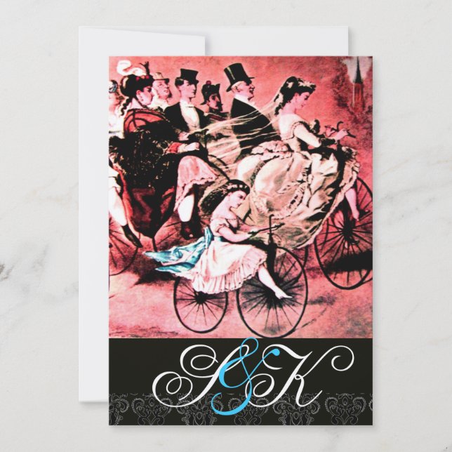 INVITATION NOIR BLEU ROUGE BICYCLETTE MARIAGE DAMAS MONOGRAMM (Devant)