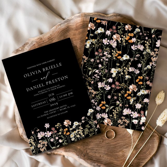 Invitation Noir Boho Fleur sauvage Garden Mariage (Créateur téléchargé)