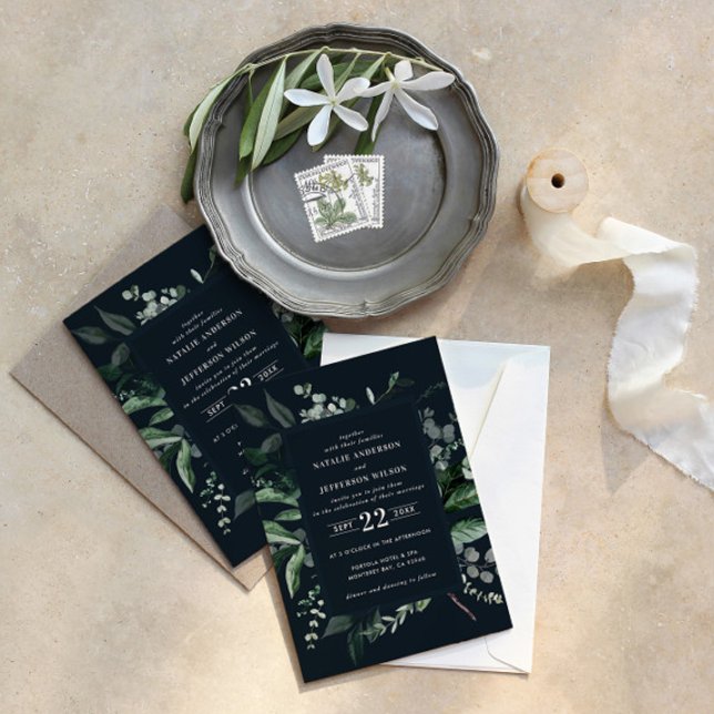 Invitation Noir botanique floral élégant détails de mariage Q (Créateur téléchargé)