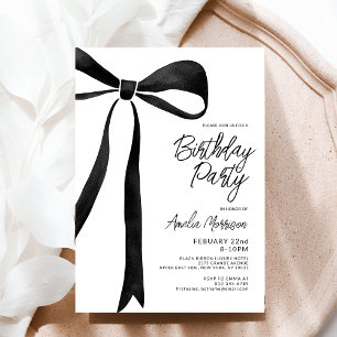 Invitation Noir Bow Ruban Fête d'anniversaire Script