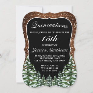Invitation Noir Bracket Forêt de neige Pine Tiara Quinceañera