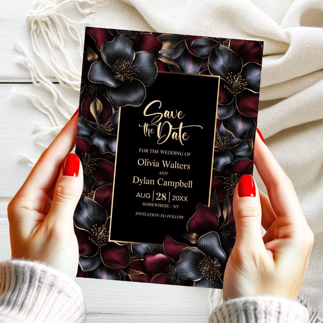 Invitation Noir Burgundy Grey Mariage floral Enregistrer la d (Créateur téléchargé)