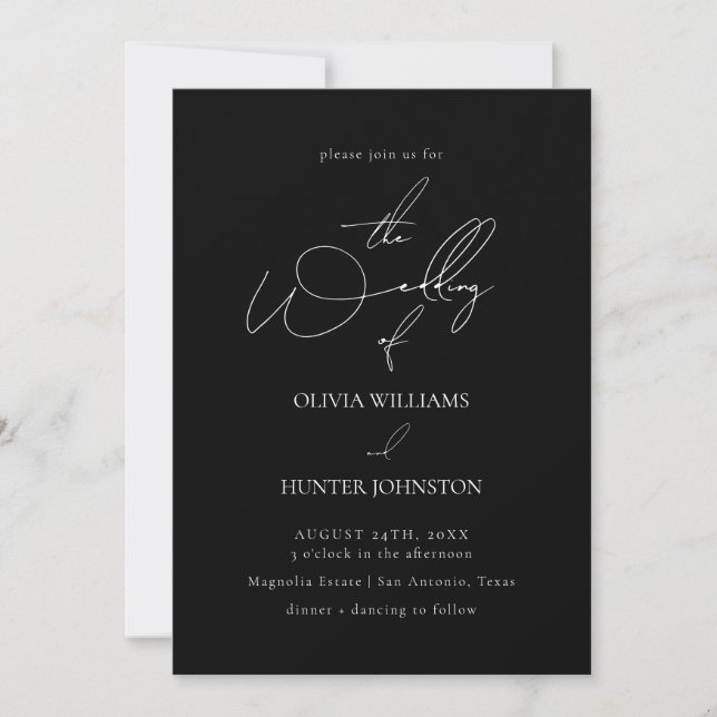 Invitation Noir calligraphie contemporaine Simple Mariage (Devant)