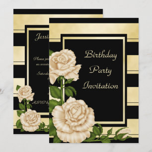 Invitation Noir chic et anniversaire floral rayé d'or