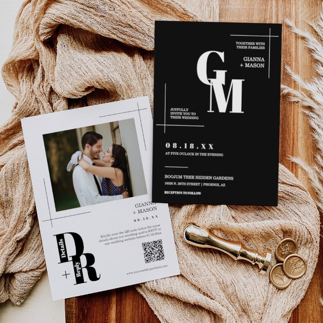 Invitation Noir classique Moderne Minimal Mariage QR Code pho (Créateur téléchargé)