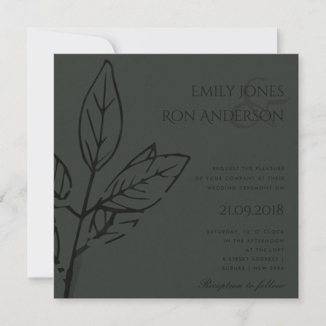 INVITATION NOIR CONTEMPORAIN MODERNE SUR MARIAGE FEUILLE NOIR (Devant)