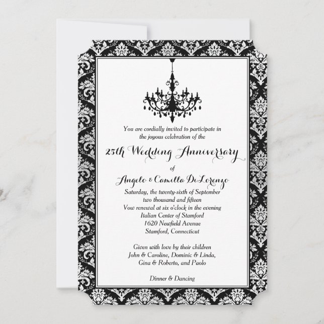 Invitation Noir, Damas d'argent, lustre 25e anniversaire (Devant)