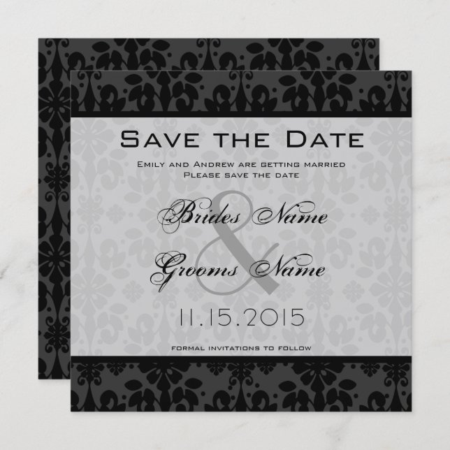 Invitation Noir Damask Éperles mariage Enregistrer la date (Devant / Derrière)