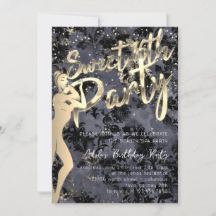 Invitation Noir Damask Gold Confetti Sweet 16ème Partie