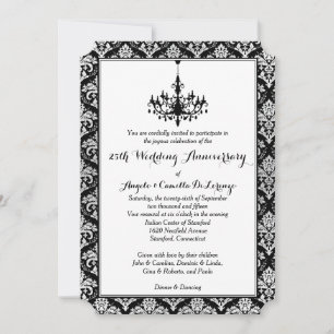 Invitation Noir, Damassé Argent, Lustre 25ème Anniversaire