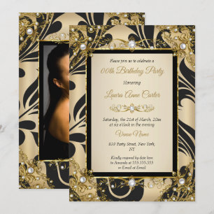 Invitation Noir Damassé Or Beige Photo Fête d'anniversaire