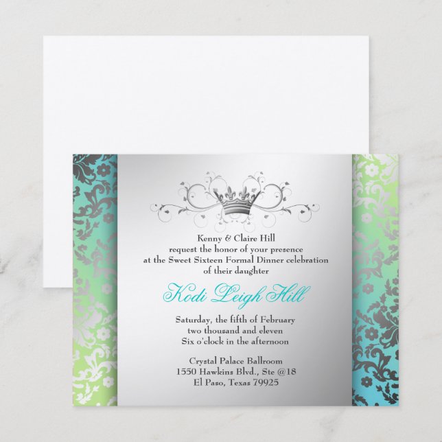 Invitation noir de turquoise et de chaux de la damassé (Devant / Derrière)