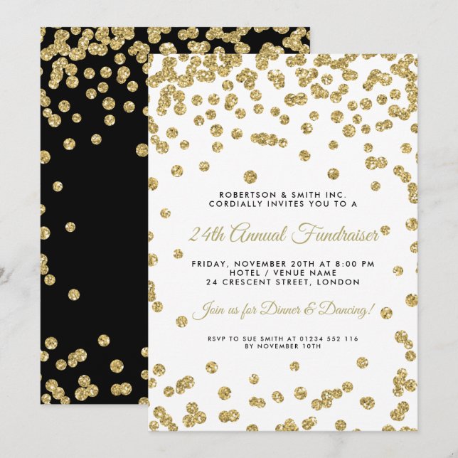 Invitation Noir d'entreprise de confettis d'or de dîner de (Devant / Derrière)