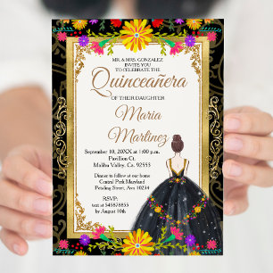 Invitation Noir d'or avec fleurs mexicaines Quinceañera