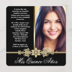 Invitation Noir d'or de diamant et photo Quinceanera d'or