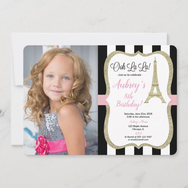 Invitation Noir d'or de rose de photo d'anniversaire de Paris (Devant)
