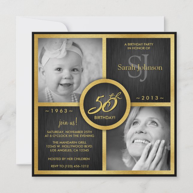 Invitation Noir élégant et anniversaire d'or cinquantième (Devant)
