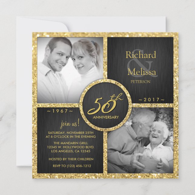 Invitation Noir élégant et Or 50e anniversaire de mariage (Devant)