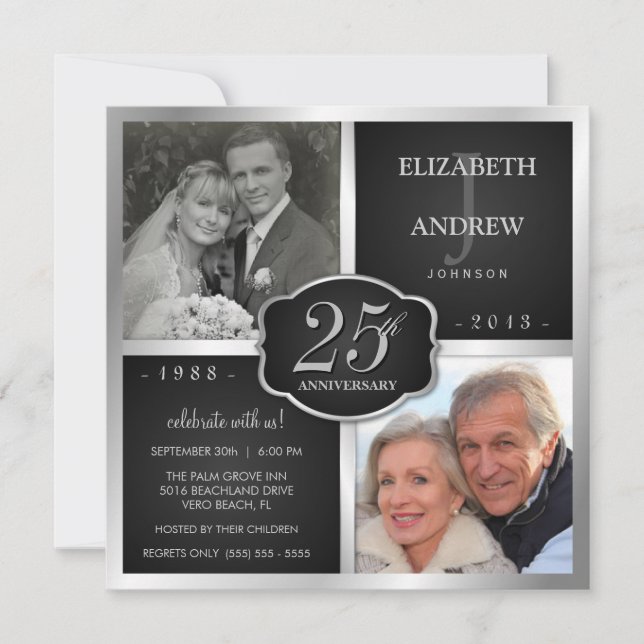 Invitation Noir et Argent 25e Anniversaire de Mariage (Devant)