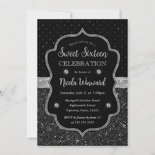 Invitation Noir et Argent Art Déco Paillettes Sweet Sixteen