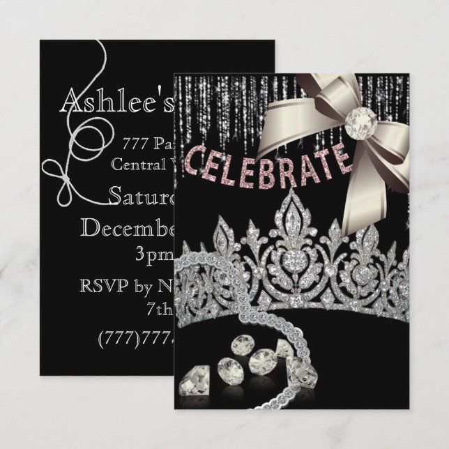 Invitation Noir et argent avec diamants de couronne rose fête (Devant / Derrière)