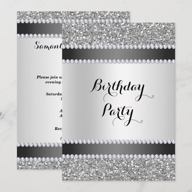 Invitation Noir et argent, Parties scintillant et diamants An (Devant / Derrière)