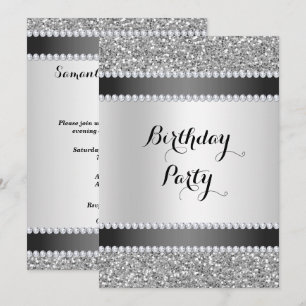 Invitation Noir et argent, Parties scintillant et diamants An