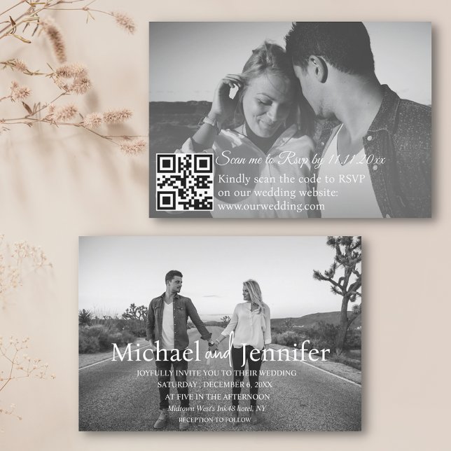 Invitation noir et blanc 2 photos qr code rsvp mariage (Créateur téléchargé)