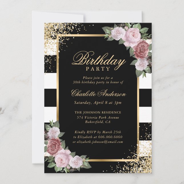 Invitation Noir et blanc Blush Floral Anniversaire (Devant)
