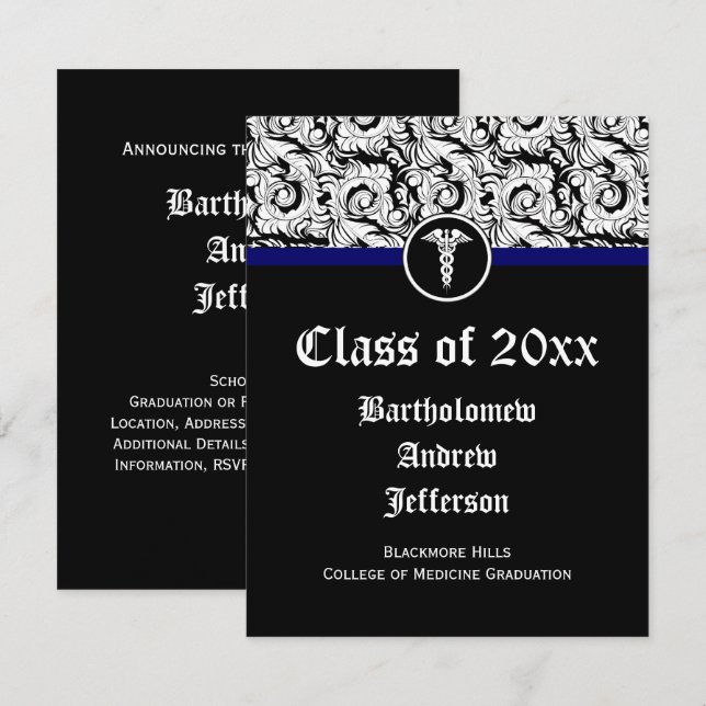 Invitation Noir et blanc Caduceus Médicale School Graduation (Devant / Derrière)