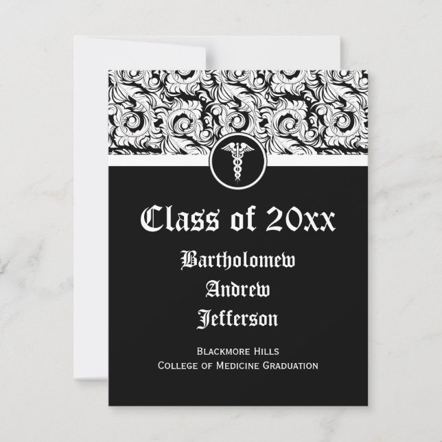 Invitation Noir et blanc Caduceus Médicale School Graduation (Devant)