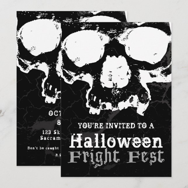 Invitation Noir et blanc crâne Grungy Halloween Fright Party (Devant / Derrière)