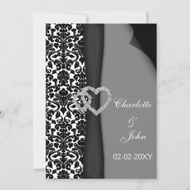 Invitation Noir et blanc Damas FAUX ruban diamant design (Devant)