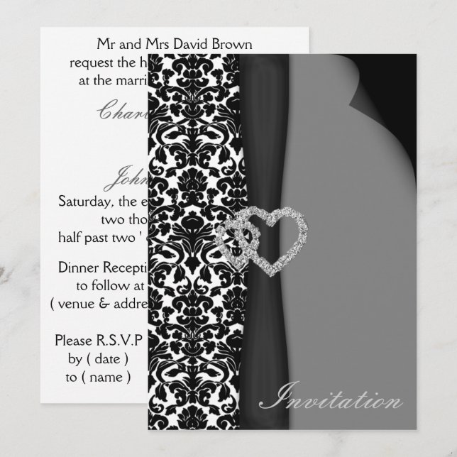 Invitation Noir et blanc Damas FAUX ruban diamant design (Devant / Derrière)