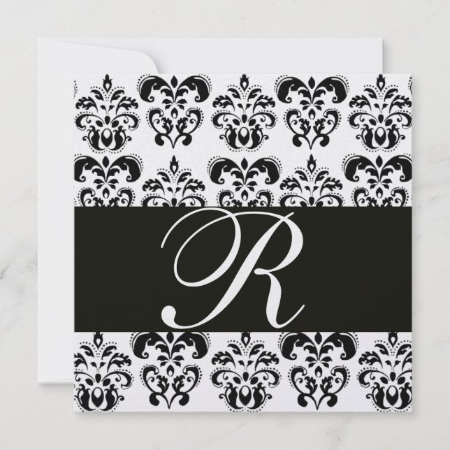 Invitation NOIR ET BLANC DAMAS MONOGRAMME Métalisé (Devant)