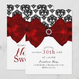 Invitation Noir et blanc Damas Rouge Bow Glam Sweet 16 Party