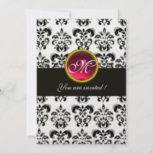 Invitation NOIR ET BLANC DOMMASK MONOGRAM, rubis rouge, fuchs