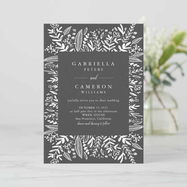 Invitation Noir et blanc Floral Line Art Moderne Mariage (Debout devant)