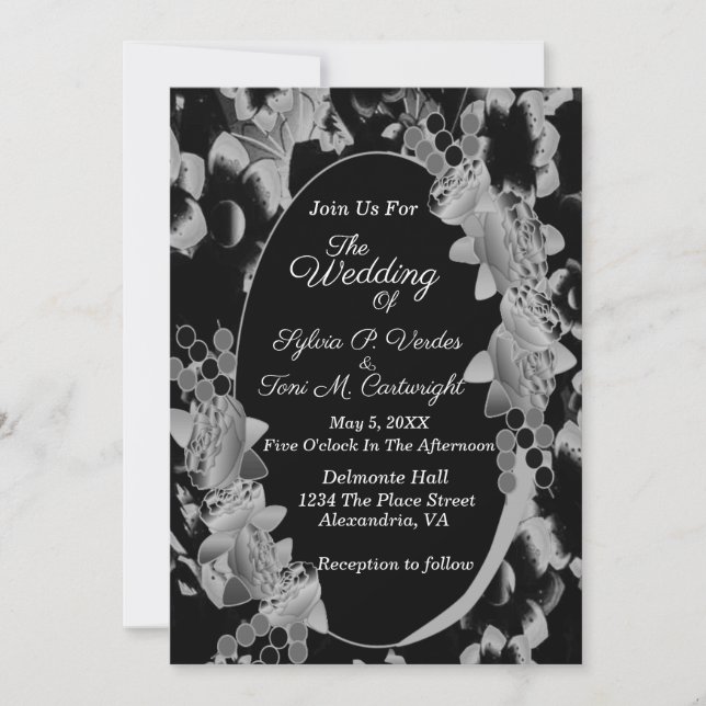 Invitation Noir et blanc Jardin Floral Oval Mariage (Devant)