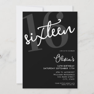 Invitation Noir et blanc moderne Elégant 16e anniversaire